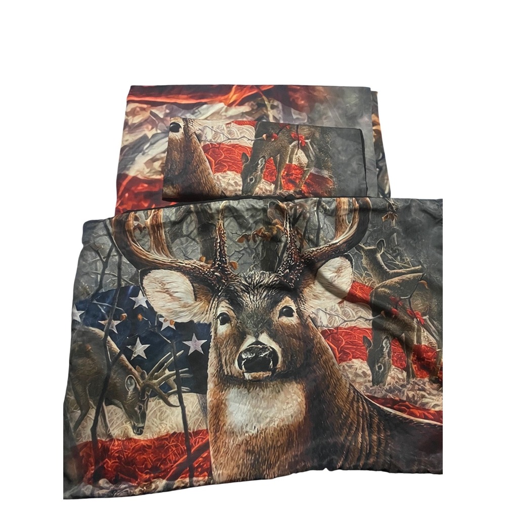 Deer American Flag Bedding Set Full Queen Duvet 2 Shams‎ Hunting Camo Wildlife